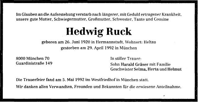 Ruck Hedwig 1920-1992 Todesanzeige